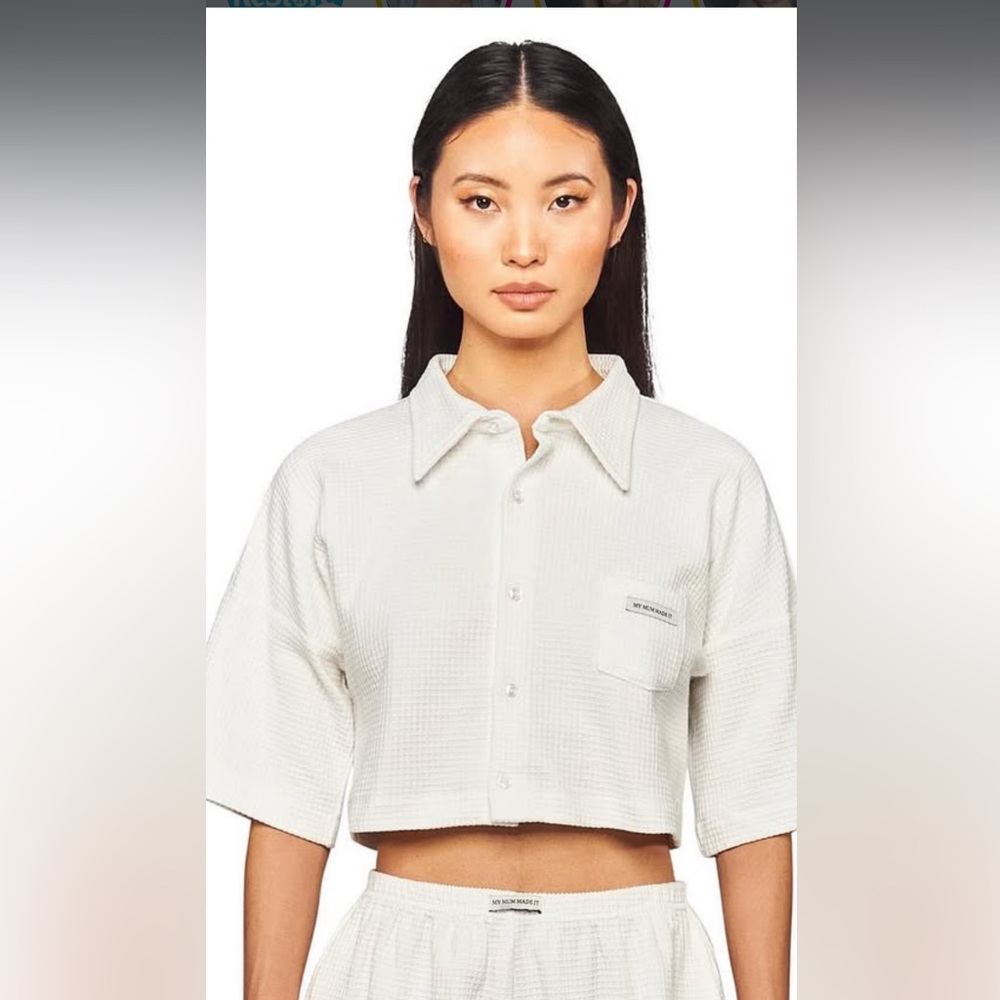 NWT MY MUM MADE THIS WHITE WAFFLE SHORT SLEEVE CROP TOP COLLAR SHIRT SIZE SMALL
